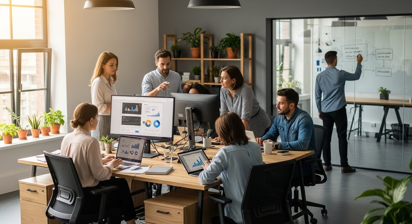 A team of professionals collaborating in a modern office setting.